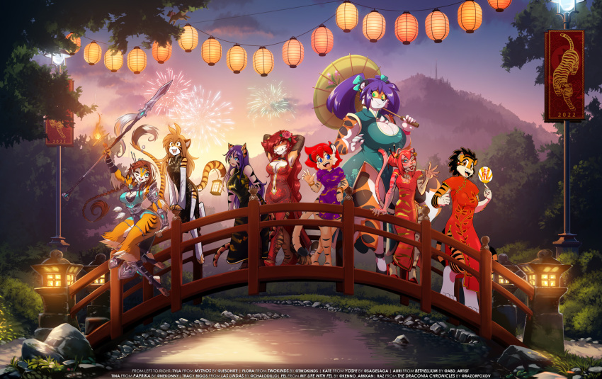 abluedeer advertisement anthro asian_clothing auri_(bethellium) blue_hair brown_hair chalo chinese_clothing chinese_dress chinese_zodiac clothing conditional_dnp digital_media_(artwork) draconia_chronicles dress east_asian_clothing fel_(my_life_with_fel) felid female fireworks flora_(twokinds) group hair hi_res humanoid jesonite kenno_arkkan las_lindas mammal nekonny pantherine paprika purple_hair raz razorfox red_hair tiger tina_(caribbean_blue) tom_fischbach twokinds tyla_(jesonite) webcomic year_of_the_tiger