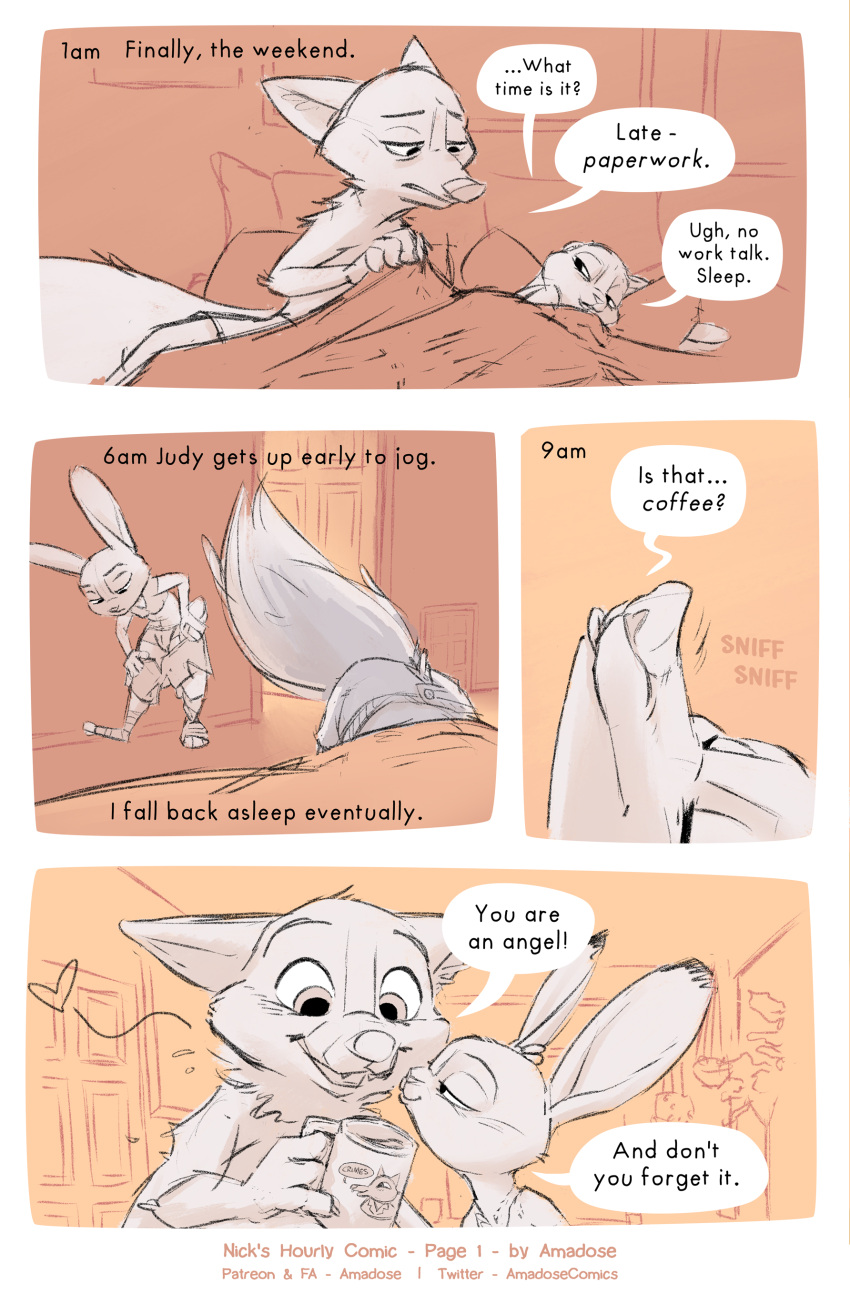 &lt;3 absurd_res amadose anthro bed beverage boxers_(clothing) bra canid canine clothing coffee comic container cuckold cup disney duo english_text female fox furniture hi_res judy_hopps kissing lagomorph leporid male male/female mammal nick_wilde rabbit sketch sniffing sports_bra sportswear text underwear zootopia