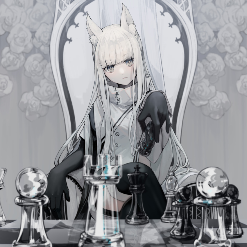 1girl absurdres animal_ear_fluff animal_ears arknights bangs bishop_(chess) black_gloves black_legwear blunt_bangs board_game chess chess_piece chessboard closed_mouth commentary_request crossed_legs elbow_gloves eyebrows_visible_through_hair gloves grey_eyes highres holding_chess_piece horse_ears jacket king_(chess) knight_(chess) long_hair looking_at_viewer miike_(992058) pawn_(chess) platinum_(arknights) rook_(chess) shorts silver_hair sitting solo thighhighs white_jacket white_shorts