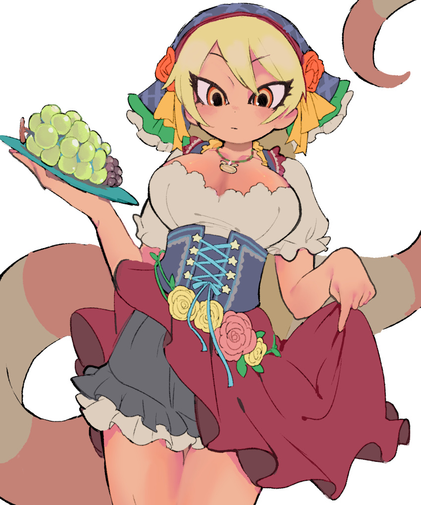 1girl apron apron_lift bare_arms blonde_hair breasts cleavage closed_mouth collarbone corset cowboy_shot dirndl dress expressionless eyebrows_visible_through_hair eyelashes flower food frilled_dress frilled_sleeves frills fruit german_clothes grapes hair_ribbon hands_up head_scarf highres igarashi_(nogiheta) jewelry kemono_friends kemono_friends_3 king_cobra_(kemono_friends) lifted_by_self long_hair looking_at_viewer multicolored_eyes official_alternate_costume orange_eyes pendant plate red_eyes ribbon shoes short_dress simple_background snake_tail solo tail tareme thigh_gap very_long_hair white_background