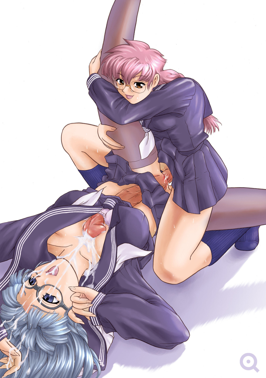 2girls absurdres behind_moon blue_hair bra breasts bulge cameltail cum cum_in_pussy cum_inside cum_on_body cum_on_self dulce_report ejaculation erection erection_under_clothes footwear futa_on_futa futa_with_futa futanari glasses highres kiyose_aoi kuroki_momoe long_penis multiple_girls no_panties paizuri paizuri_under_clothes penis penis_under_clothes pink_hair q_(artist) school_uniform serafuku sex skirt socks thighhighs uncensored underwear vaginal veins veiny_penis