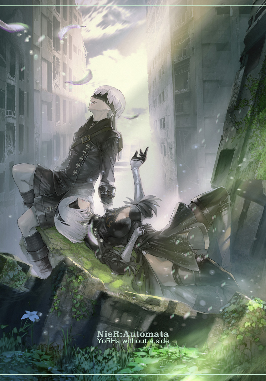 1boy 1girl black_blindfold black_footwear black_gloves black_hairband black_legwear black_shorts blindfold building closed_mouth cloud cloudy_sky feather_trim feathers flower gloves hairband highres light_particles light_rays looking_up lying maeshima_shigeki moss multicolored_clothes nier_(series) nier_automata on_back open_mouth outdoors plant ruins short_hair shorts sitting sky smile socks teeth thighhighs white_flower white_gloves white_hair yorha_no._2_type_b yorha_no._9_type_s