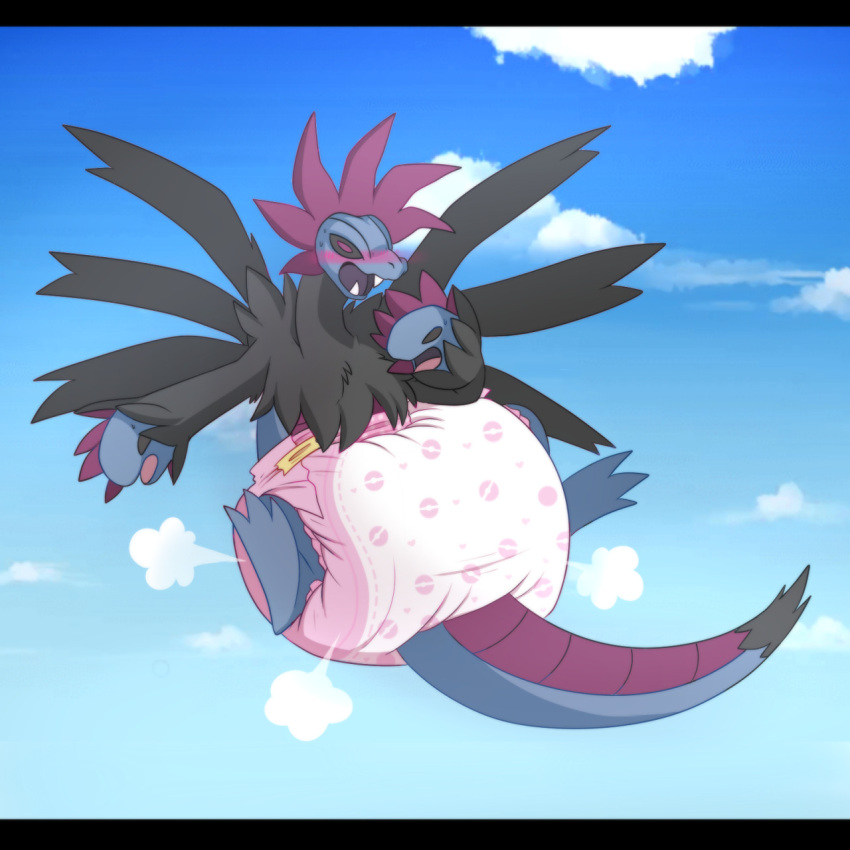 ambiguous_gender anthro blush diaper dragon flying hi_res hydreigon jupiters nintendo pok&eacute;mon pok&eacute;mon_(species) powder solo video_games