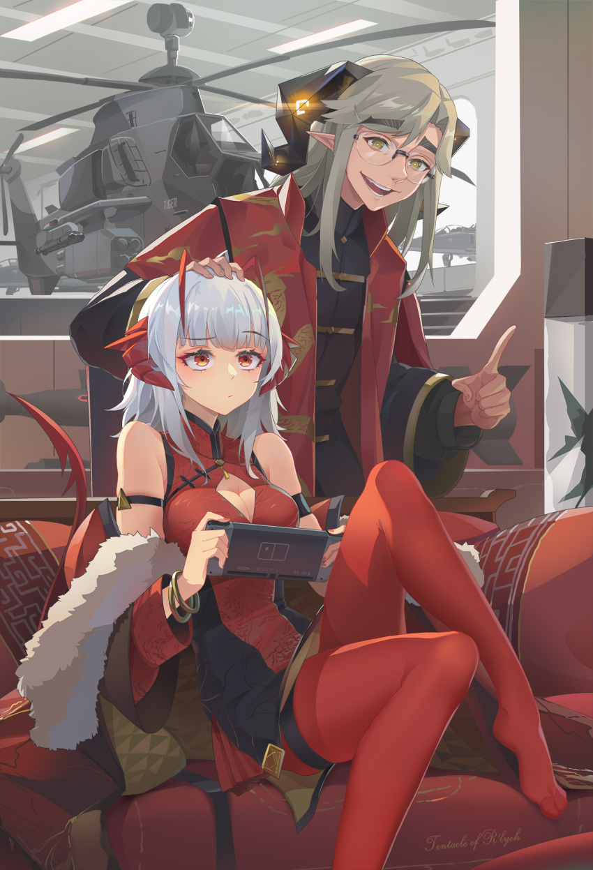 1boy 1girl :d aircraft arknights arm_strap bracelet breasts brown_hair china_dress chinese_clothes chinese_commentary cleavage cleavage_cutout closed_mouth clothing_cutout commentary_request couch demon_girl demon_horns demon_tail detached_sleeves dress fur_shawl glasses hand_on_another's_head helicopter highres holding horns index_finger_raised indoors jewelry large_breasts long_hair long_sleeves looking_up multicolored_hair nintendo_switch no_shoes on_couch open_mouth pantyhose playing_games pointy_ears red_dress red_eyes red_hair red_legwear rimless_eyewear silver_hair sima_naoteng skindentation smile tail thick_eyebrows thigh_strap two-tone_hair w_(arknights)