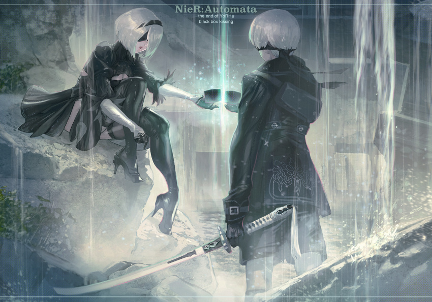 1boy 1girl bag black_bow black_footwear black_gloves black_hairband black_legwear boots bow breasts cleavage cleavage_cutout clothing_cutout glint gloves hairband high_heels highres holding holding_sword holding_weapon maeshima_shigeki nier_(series) nier_automata open_mouth outdoors plant puffy_sleeves rubble ruins short_hair shorts sitting standing sword teeth thigh_boots thighhighs upper_teeth weapon white_hair yorha_no._2_type_b yorha_no._9_type_s