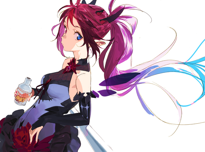 1girl bare_shoulders black_skirt blue_eyes closed_mouth demon_horns detached_sleeves detached_wings dress flower from_side hair_blowing heterochromia hololive hololive_english horns irys_(hololive) layered_skirt long_hair looking_at_viewer multicolored_hair nail_polish pako pointy_ears ponytail purple_skirt red_brooch red_eyes red_hair red_skirt skirt soda_bottle solo streaked_hair two-tone_hair virtual_youtuber wings