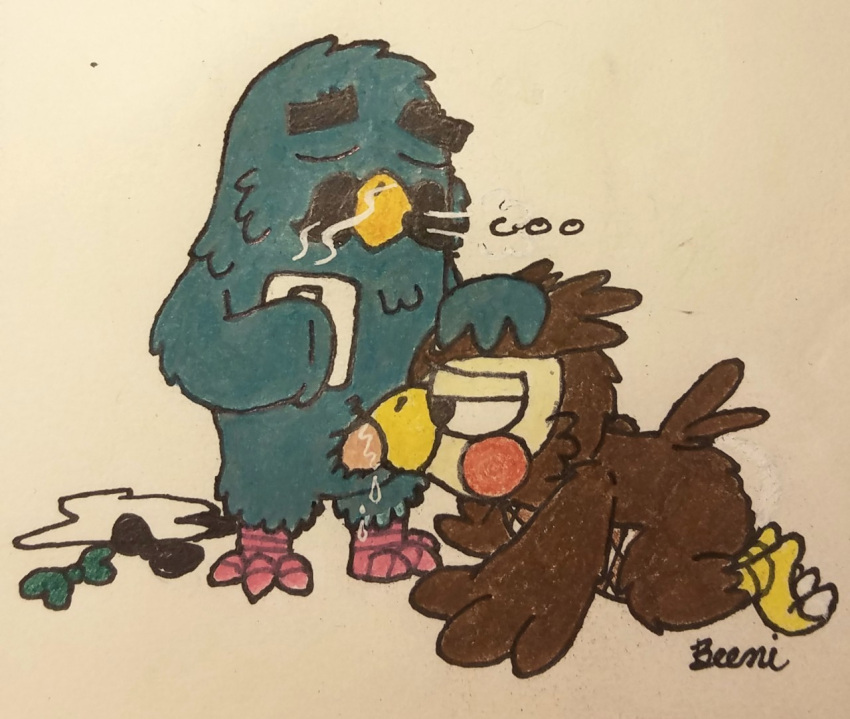 all_fours animal_crossing avian beeni bird blathers_(animal_crossing) brewster_(animal_crossing) columbid duo male male/male mug nintendo nude oral owl pigeon traditional_media_(artwork) video_games