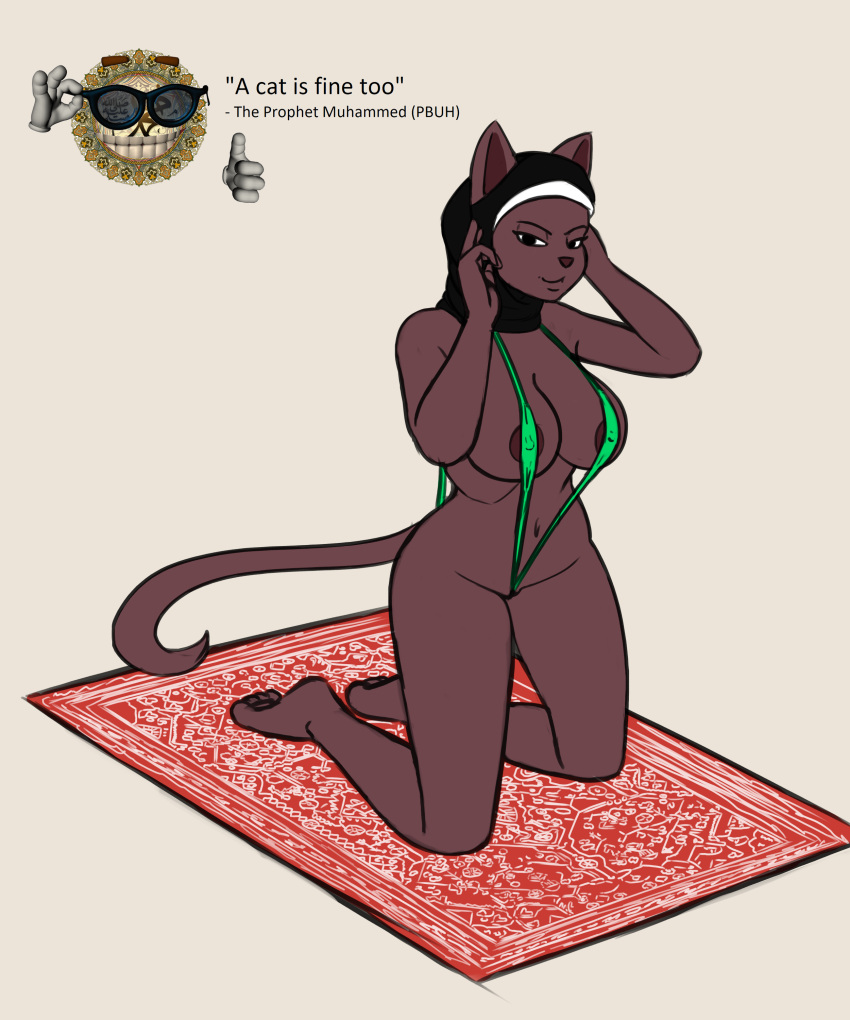 2022 absurd_res anthro areola background_character big_breasts bikini breasts callmewritefag clothed clothing colored colored_sketch digital_drawing_(artwork) digital_media_(artwork) domestic_cat english_text fan_character felid feline felis female fur headgear headwear hi_res hijab islamic looking_at_viewer mammal meme muhammad navel nipples prayer_rug religion religious_clothing religious_headwear sacrilegious simple_background sketch skimpy sling_bikini smile solo swimwear text thick_thighs unnamed_character