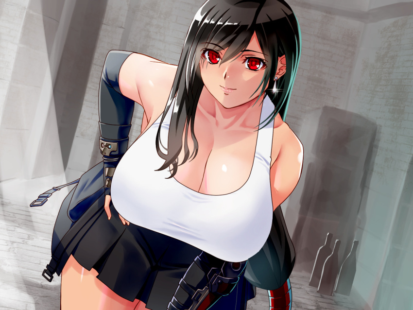 1girl arm_guards bent_over black_hair black_legwear black_skirt breasts cleavage crop_top earrings elbow_gloves final_fantasy final_fantasy_vii final_fantasy_vii_remake fingerless_gloves gloves hand_on_hip jewelry large_breasts leaning_forward long_hair looking_at_viewer low-tied_long_hair pleated_skirt red_eyes skirt smile solo suuitchi tank_top tifa_lockhart