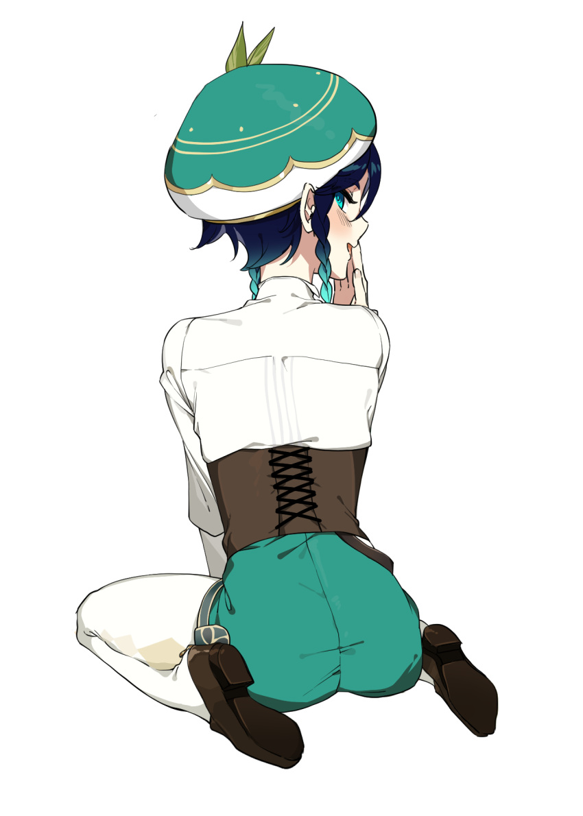 1boy androgynous argyle argyle_legwear bangs beret black_hair blue_hair blush braid butterfly_sitting commentary_request corset covering_mouth english_commentary from_behind genshin_impact gradient_hair green_eyes green_shorts hat highres kkopoli leaf long_sleeves looking_at_viewer looking_back male_focus mixed-language_commentary multicolored_hair open_mouth pantyhose shirt shoes short_hair_with_long_locks shorts side_braids sidelocks simple_background sitting solo twin_braids venti_(genshin_impact) white_background white_legwear white_shirt