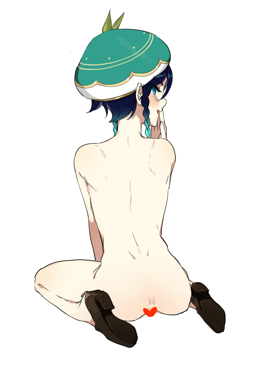 1boy androgynous bangs beret black_hair blue_hair blush braid butterfly_sitting censored commentary_request covering_mouth english_commentary from_behind genshin_impact gradient_hair green_eyes green_headwear hat heart heart_censor highres kkopoli leaf looking_at_viewer looking_back male_focus mixed-language_commentary multicolored_hair nude open_mouth shoes short_hair_with_long_locks side_braids sidelocks simple_background sitting solo twin_braids venti_(genshin_impact) white_background