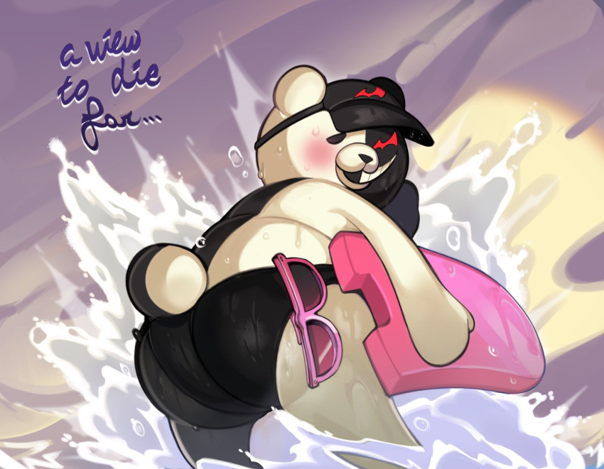 2021 anthro black_body black_eyes black_nose black_speedo blush butt clothing danganronpa eyewear genetic_chimerism grin hi_res looking_at_viewer looking_back male mammal mngnto monokuma multicolored_body red_eyes smile solo speedo standing sunglasses swimwear teeth text two_tone_body ursid water white_body