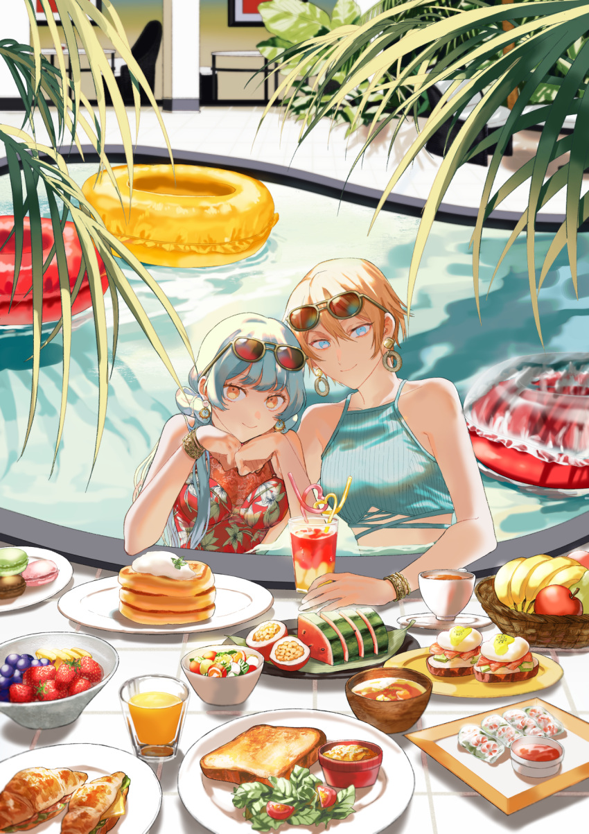 2girls apple banana bare_arms bendy_straw blue_eyes blue_hair blue_swimsuit bowl bracelet chair closed_mouth commentary_request croissant crop_top day drinking_straw earrings eyewear_on_head food food_request fruit grapes highres hoop_earrings inflatable_raft jewelry long_hair looking_at_viewer macaron megechan multiple_girls orange_eyes orange_hair orange_juice original outdoors palm_tree pancake partially_submerged pool red-tinted_eyewear red_swimsuit salad short_hair sleeveless smile stack_of_pancakes strawberry sunglasses swimsuit table tinted_eyewear toast tree watermelon_slice