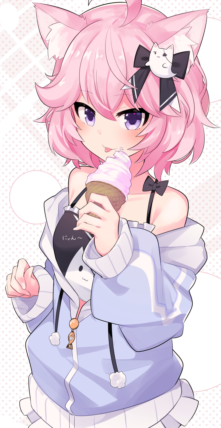 1girl absurdres aho animal_ears bangs breasts camisole cat_ears hair_ornament hand_up highres holding ice_cream_cone jacket nyatasha_nyanners off_shoulder pink_hair purple_eyes short_hair small_breasts solo tongue tongue_out upper_body vshojo