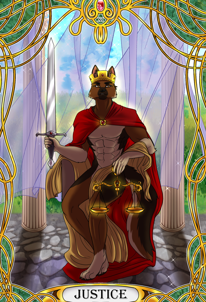 4322chan anthro art_nouveau canid canine canis cape card chair clothing crown curtains detailed_background domestic_dog furniture german_shepherd herding_dog hi_res holding_object holding_weapon justice_(tarot) looking_away major_arcana male mammal melee_weapon on_chair pastoral_dog red_clothing scales sitting sitting_on_chair solo sword tarot_card weapon