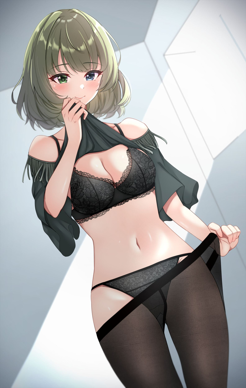 1girl absurdres ass_visible_through_thighs bare_shoulders black_bra black_legwear black_panties black_shirt blue_eyes blush bra breasts cleavage closed_mouth clothes_lift clothes_pull cowboy_shot day eyebrows_visible_through_hair fringe_trim green_eyes green_hair heterochromia highres idolmaster idolmaster_cinderella_girls indoors lace-trimmed_bra lace_trim lifted_by_self looking_down medium_breasts namidako navel off-shoulder_shirt off_shoulder panties pantyhose pantyhose_pull shirt shirt_lift short_hair smile solo stomach sunlight takagaki_kaede underwear undressing window
