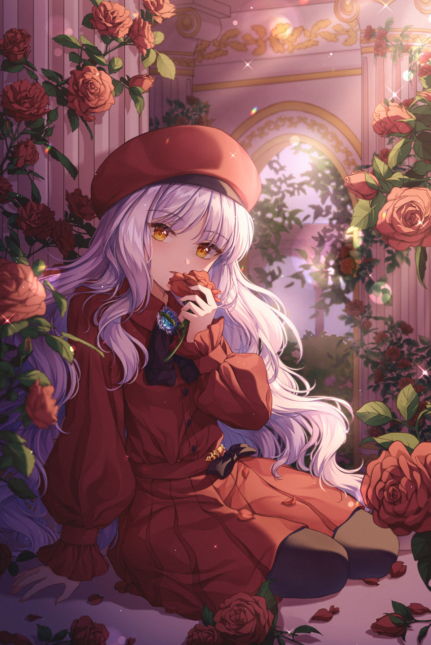 1girl absurdres bangs beret black_legwear breasts brooch caren_hortensia caren_hortensia_(amor_caren) dress fate/grand_order fate_(series) flower hat highres iyar jewelry light_rays long_hair long_sleeves looking_at_viewer medium_breasts neck_ribbon open_mouth pantyhose red_dress red_headwear revision ribbon rose sitting solo sparkle thighs wavy_hair white_hair yellow_eyes