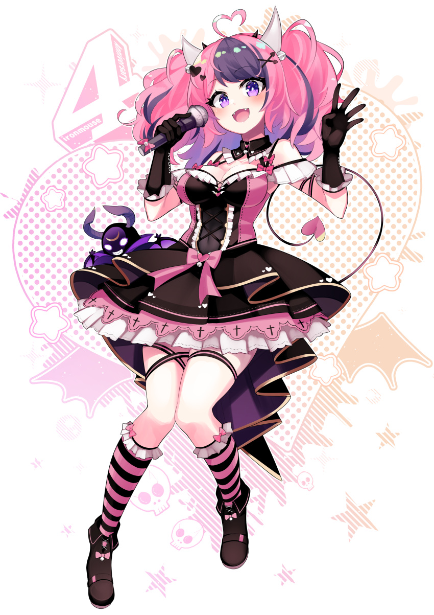 1girl absurdres aho ankle_boots bangs boots breasts demon_tail dress fangs fold-over_boots full_body hands_up highres holding holding_microphone horns ironmouse layered_dress looking_at_viewer medium_breasts medium_hair microphone multicolored_hair open_mouth pink_hair purple_eyes smile socks solo streaked_hair tail thigh_strap vshojo