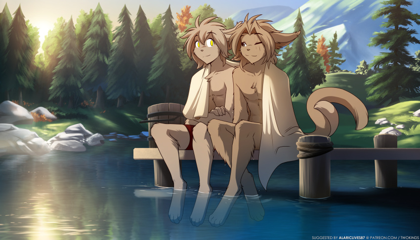 2022 7:4 anthro barefoot basitin brown_body brown_fur chest_tuft clothed clothing conditional_dnp crossed_arms crossed_legs detailed_background digitigrade duo eye_scar facial_scar feet forest fur hi_res keith_keiser lake male male/male mammal nickolai_alaric nude one_eye_closed outside partially_submerged pier plant scar sitting smile tail_coil tan_body tan_fur text tom_fischbach topless topless_male towel towel_only tree tuft twokinds url water webcomic wet