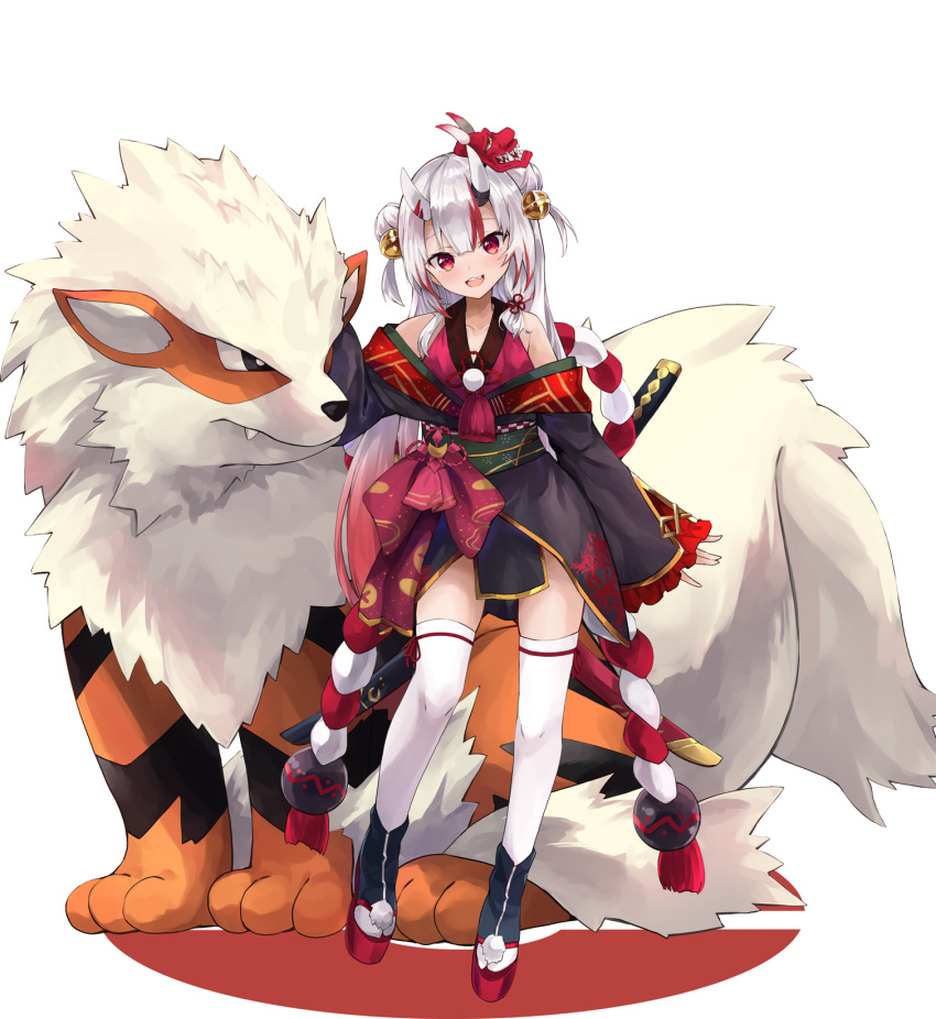 1girl :d arcanine bangs bell black_kimono blush commentary_request double_bun full_body hair_bell hair_ornament highres hololive horns japanese_clothes jingle_bell kimono konkito kouhaku_nawa long_hair long_sleeves mask mask_on_head multicolored_hair nakiri_ayame off_shoulder oni_horns oni_mask pokemon pokemon_(creature) red_eyes red_hair rope sandals shimenawa silver_hair smile standing streaked_hair thighhighs virtual_youtuber white_legwear