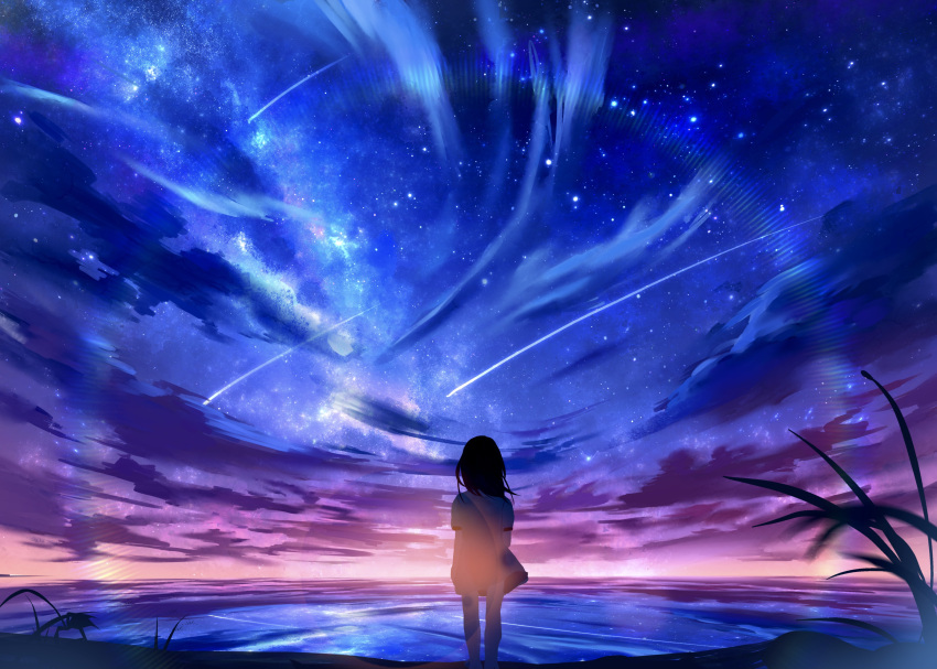 1girl black_hair commentary_request dress falling_star from_behind highres night night_sky original scenery sdf1313 short_sleeves sky solo standing star_(sky) starry_sky white_dress wide_shot