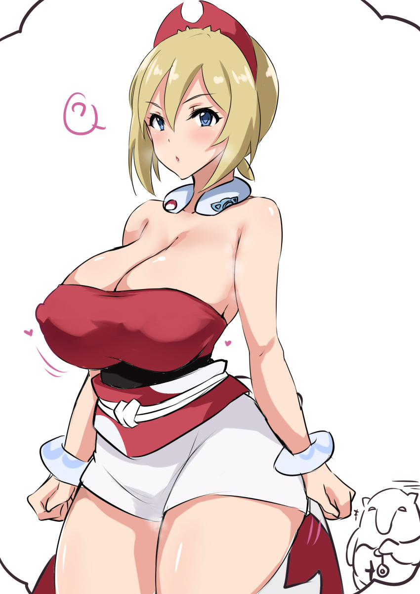 :o ? absurdres arms_at_sides bare_shoulders blonde_hair blue_eyes blush bolobolo breasts cleavage clenched_hands collar covered_nipples cowboy_shot curvy eyebrows_visible_through_hair hair_between_eyes headband heart highres huge_breasts hypno irida_(pokemon) large_breasts looking_at_viewer mature_female motion_lines open_mouth oppai_loli pokemon pokemon_(game) pokemon_legends:_arceus red_headwear red_shirt shirt short_hair short_shorts shorts simple_background sketch sleeveless spoken_question_mark strapless strapless_shirt thick_thighs thighs tube_top waist_cape white_background white_shorts wide_hips