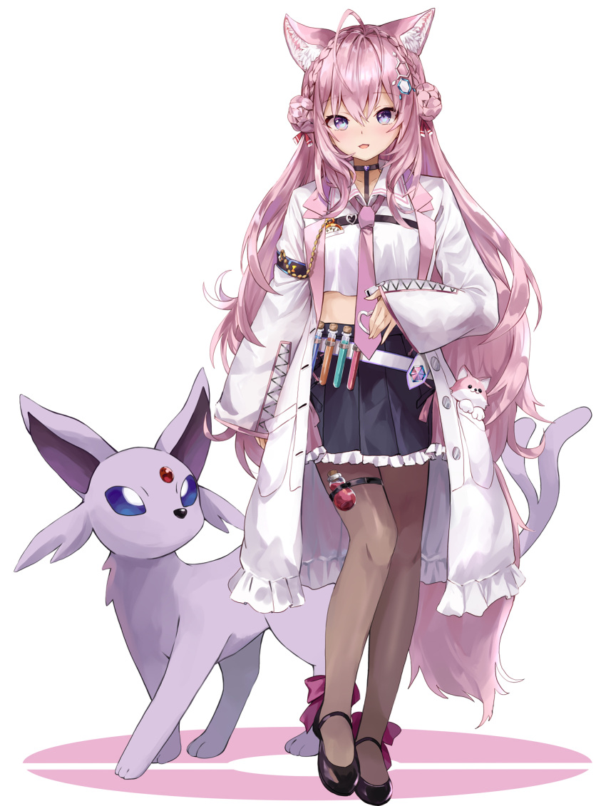 1girl animal_ear_fluff antenna_hair bangs black_choker black_skirt blue_eyes braid braided_bun brown_legwear choker collared_shirt commentary_request crop_top crown_braid double_bun espeon full_body hair_ornament hakui_koyori highres hololive kokoro_(hakui_koyori) konkito labcoat long_hair long_sleeves looking_at_viewer necktie open_mouth pantyhose pink_hair pink_necktie pokemon pokemon_(creature) shirt shoes skirt standing swimsuit tail test_tube very_long_hair virtual_youtuber white_shirt