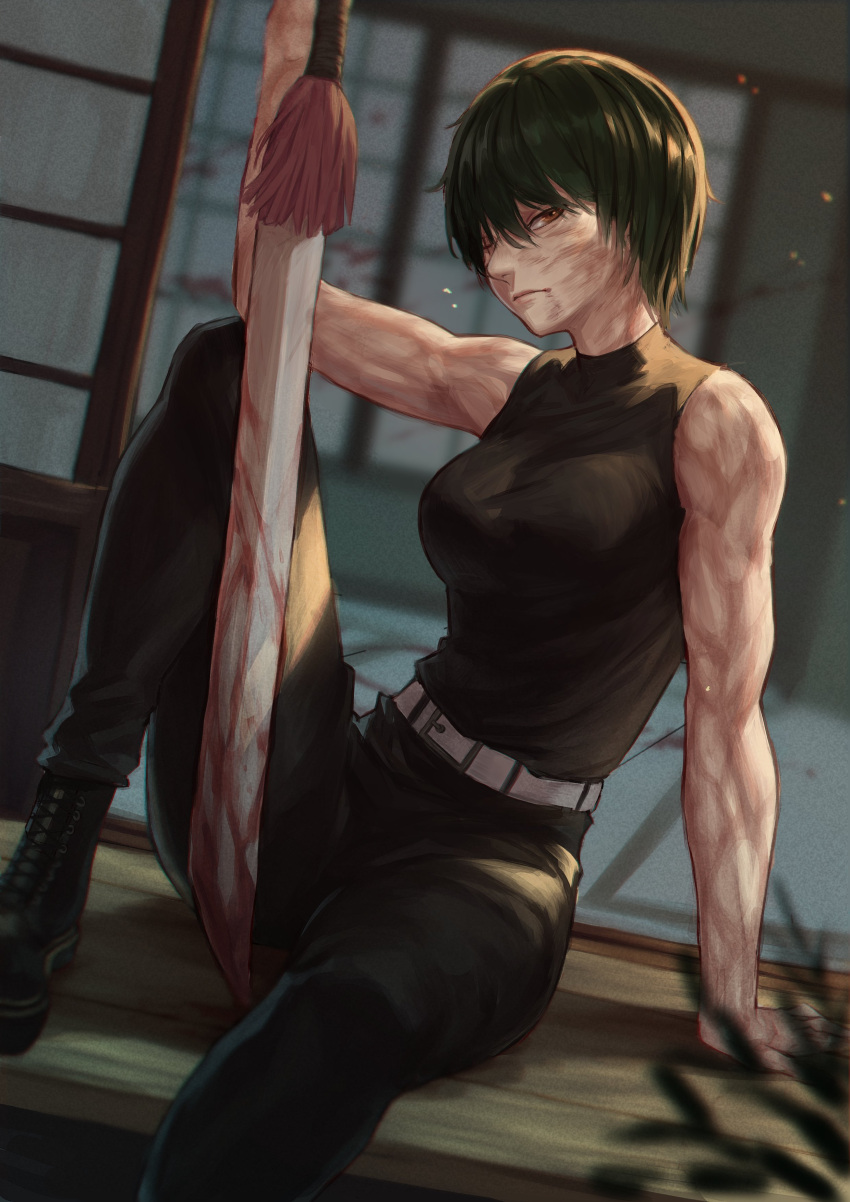 1girl absurdres angusbeef30 bare_arms bare_shoulders belt black_pants blood blood_on_weapon boots brown_eyes closed_mouth combat_boots dark_green_hair english_commentary highres holding holding_weapon jujutsu_kaisen one_eye_closed pants scar scar_across_eye scar_on_arm scar_on_face short_hair sitting sleeveless solo sword toned weapon zen'in_maki