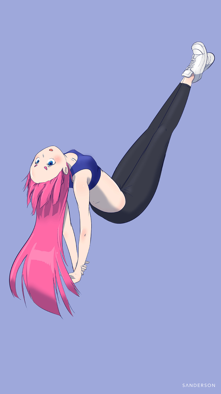 1girl arms_behind_back artist_name black_pants blue_eyes blue_sports_bra blush breasts clip_studio_paint_(medium) commentary english_commentary floating full_body head_back highres leggings legs_up long_hair long_legs midriff no_socks open_mouth original outstretched_legs pants pink_hair purple_background sanderson shoes short_eyebrows simple_background small_breasts sneakers solo sports_bra upside-down v_arms very_long_hair white_footwear yoga_pants