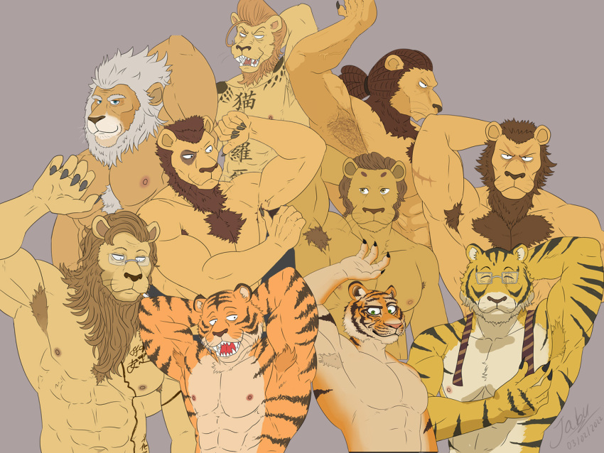 2022 abs anthro armpit_hair beastars biceps bill_(beastars) blue_eyes body_hair brown_body brown_fur cigarette_in_mouth claws clay_calloway_(sing) eyewear felid feline flexing free_(beastars) fur glasses green_eyes group ibuki_(beastars) jabuhusky lion male mammal muscular muscular_anthro muscular_male necktie nipples orange_body pantherine pecs principal_gon raised_arms ryan_(sing) scar shirtless simple_background smile stripes tattoo tiger tuft whiskers yellow_body