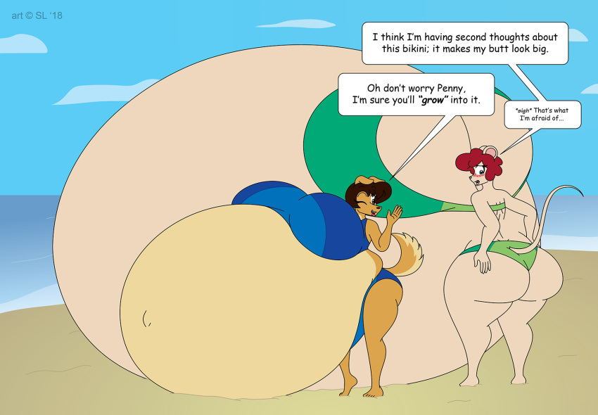 2018 anthro beach belly big_belly big_breasts big_butt bikini bird_dog blush breasts brown_hair butt canid canine canis clothing cloud digital_media_(artwork) domestic_dog duo english_text female freckles fur golden_retriever hair hi_res huge_breasts hunting_dog hyper hyper_belly hyper_breasts hyper_pregnancy mammal mouse multicolored_body multicolored_fur murid murine navel one_eye_closed open_mouth outie_navel penny_(satsumalord) pregnant red_hair retriever rodent satsumalord seaside sky speech_bubble swimwear tandi_(satsumalord) text two_tone_body two_tone_fur water wink
