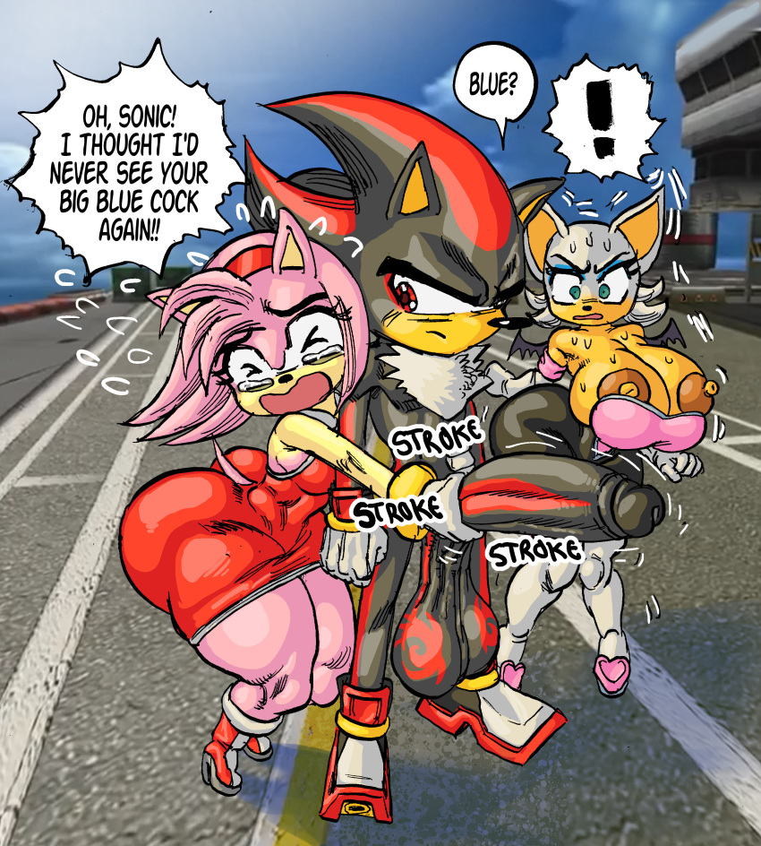 absurd_res amy_rose anthro big_penis bodily_fluids chiropteran duo eulipotyphlan female genitals goudadunn group hedgehog hi_res huge_penis humor male male/female mammal penis penis_grab rouge_the_bat sega shadow_the_hedgehog sonic_the_hedgehog_(series) stroking_penis sweat tagme text