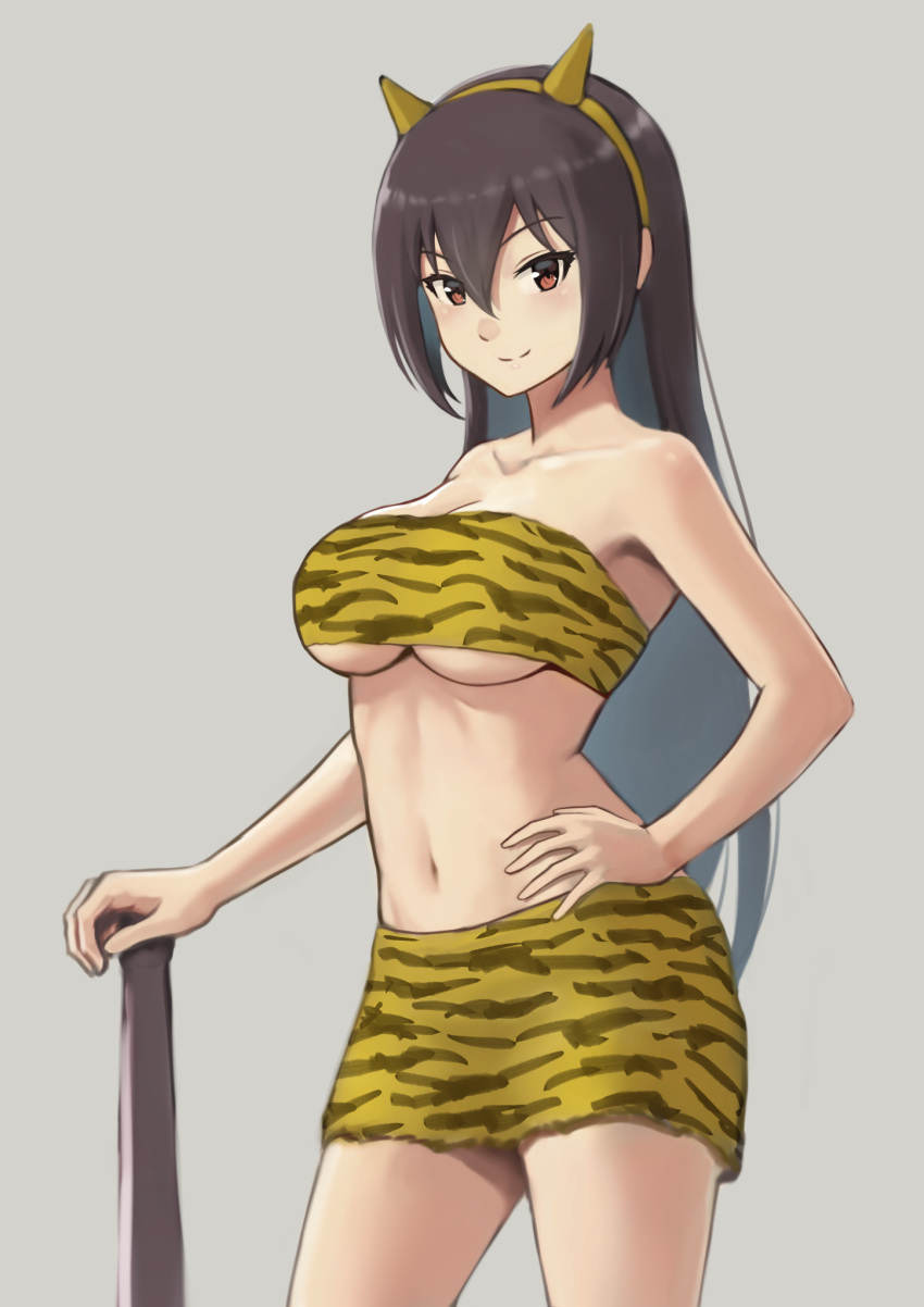 1girl alternate_costume animal_print bandeau bangs black_hair breasts fake_horns grey_background hair_between_eyes hand_on_hip highres holding holding_weapon horns kantai_collection long_hair looking_at_viewer nagato_(kancolle) oni_costume porupurucha red_eyes setsubun simple_background skirt smile solo tiger_print weapon