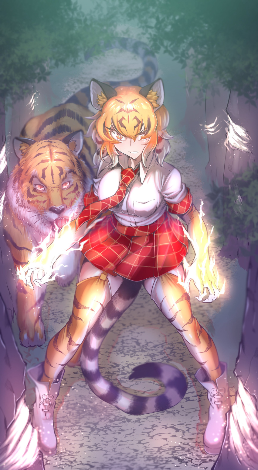 1girl absurdres animal_ears animal_print aura boots cross-laced_footwear energy fighting_stance garter_straps gloves glowing glowing_eyes gm_(ggommu) highres kemono_friends lace-up_boots necktie plaid_necktie plaid_sleeves plaid_trim print_gloves tail thighhighs tiger tiger_(kemono_friends) tiger_ears tiger_girl tiger_print tiger_tail