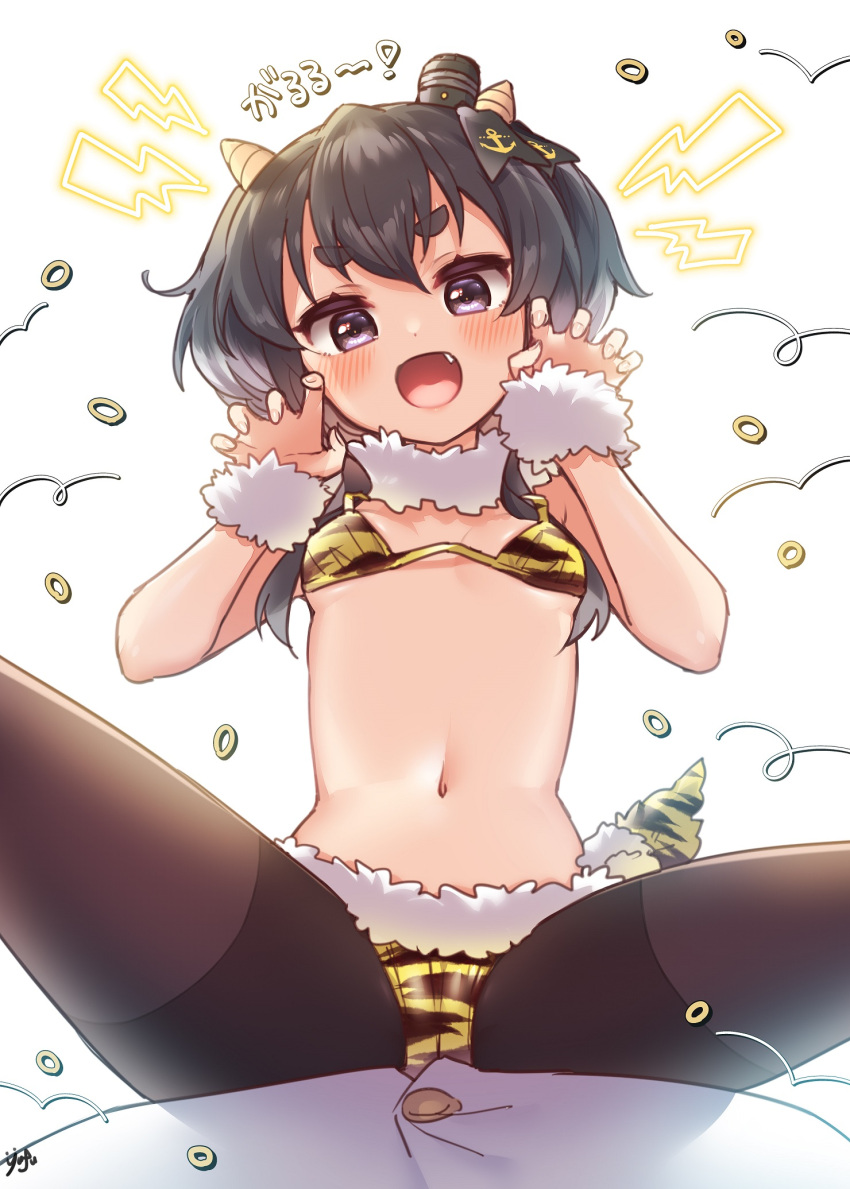 1girl 1other :d alternate_costume anchor_symbol animal_print backlighting black_eyes black_hair black_legwear blush breasts claw_pose commentary_request eyebrows_visible_through_hair fang fur_collar fur_cuffs girl_on_top highres horns kantai_collection looking_at_viewer navel oni_costume oni_horns open_mouth pantyhose pantyhose_under_swimsuit setsubun short_eyebrows short_hair signature small_breasts smile solo_focus straddling swimsuit thick_eyebrows tiger_print tokitsukaze_(kancolle) white_background yufukiri