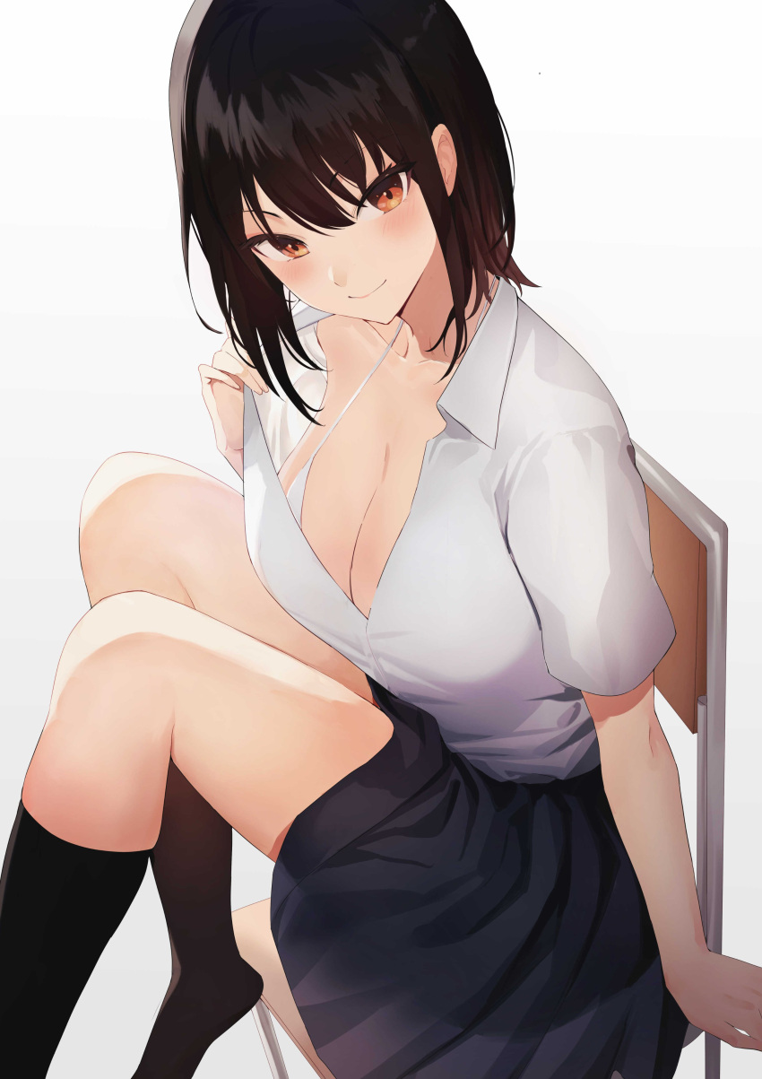 1girl absurdres bangs black_hair black_legwear black_skirt blush bra breasts brown_eyes brown_hair chair cleavage closed_mouth collared_shirt come_hither gradient gradient_background grey_background highres kneehighs large_breasts looking_at_viewer no_shoes open_clothes open_shirt original pleated_skirt rororo shirt sidelocks simple_background sitting skirt smile solo spaghetti_strap underwear white_background white_bra white_shirt
