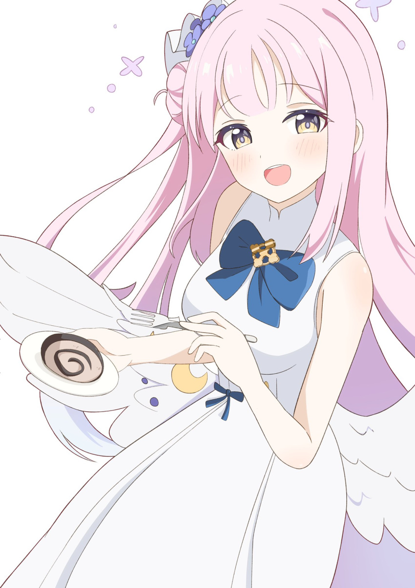1girl angel_wings bangs blue_archive blue_bow blue_ribbon bow breasts cake crescent dress feathered_wings flower food fork hair_bun hair_flower hair_ornament highres holding holding_fork holding_plate light_blush long_hair medium_breasts mika_(blue_archive) open_mouth pink_hair plate ribbon simple_background sleeveless sleeveless_dress smile solo swiss_roll white_background white_dress white_wings wings yellow_eyes zundamochi_(pixiv13535730)