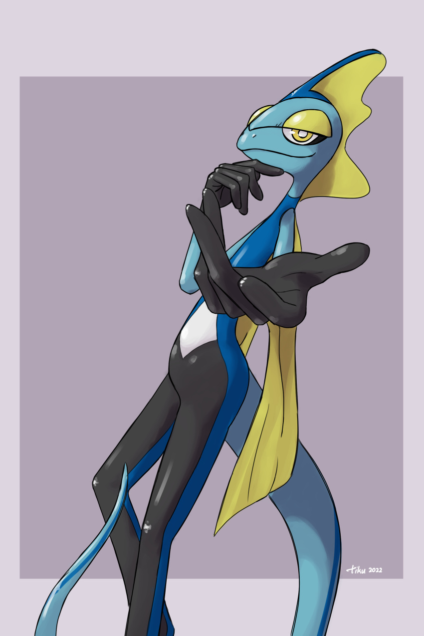 2022 absurd_res anthro digital_media_(artwork) hi_res humanoid inteleon looking_at_viewer male nintendo pok&eacute;mon pok&eacute;mon_(species) reaching_towards_viewer reptile scalie simple_background smile smirk solo standing tiku video_games yellow_eyes