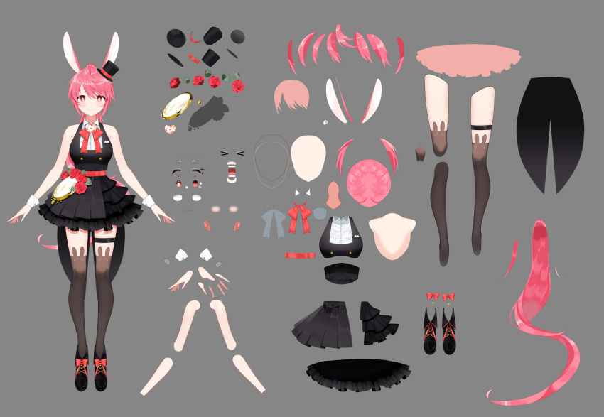 1girl absurdres animal_ears bangs black_dress black_footwear black_headwear black_legwear bow bowtie character_profile character_request character_sheet copyright_request dress grey_background hat highres hololive long_hair looking_at_viewer naru_(_nanyao3o) pink_bow pink_bowtie pink_eyes pink_hair ponytail rabbit_ears rabbit_girl simple_background sleeveless sleeveless_dress solo thighhighs virtual_youtuber