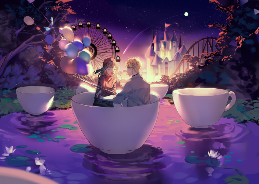 1boy 1girl balloon blonde_hair blue_eyes brown_hair castle character_request chinese_commentary closed_eyes closed_mouth collared_shirt commentary_request crossed_arms cup disneyland ferris_wheel flag grass koi_to_producer:_evol_x_love lily_pad long_hair long_sleeves moon night night_sky open_mouth pond red_headwear red_sweater ripples shirt short_hair sitting sky smile star_(sky) starry_sky sweater teacup tefco tree turtleneck turtleneck_sweater watashi_(koi_to_producer) white_shirt