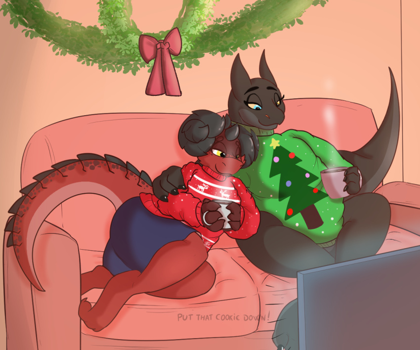 2021 6:5 anthro beverage bow candy chocolate christmas christmas_clothing clothing cuddling dessert duo english_text female female/female food furniture happy heterochromia holidays horn hot_chocolate inside kobold scalie sitting slightly_chubby sofa starit tarr television text