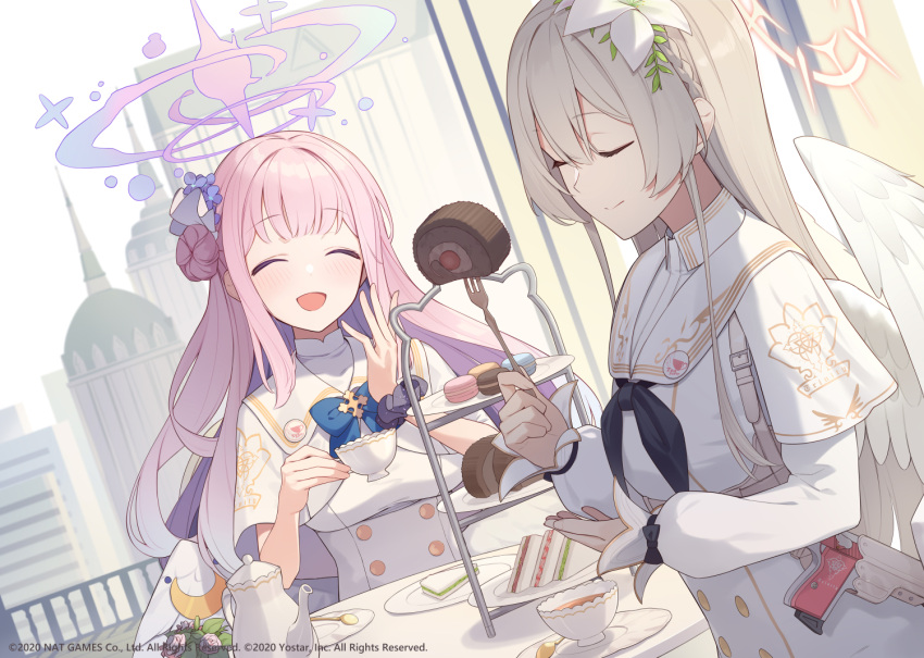 1girl blue_archive blush breasts closed_eyes commentary_request enosan flower food fork grey_hair hair_flower hair_ornament halo long_hair medium_breasts mika_(blue_archive) nagisa_(blue_archive) open_mouth pink_hair sweets table