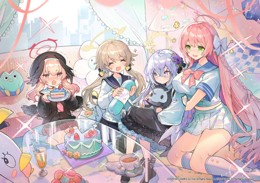 +_+ 4girls ahoge azusa_(blue_archive) bangs beret black_headwear black_wings blue_archive blue_sailor_collar blush bottle braid breasts cake closed_eyes closed_mouth cup dress drinking_straw feathers flower food green_eyes hair_flower hair_ornament halo hanako_(blue_archive) hat hayama_eishi head_wings hifumi_(blue_archive) holding holding_bottle holding_stuffed_toy indoors kneehighs koharu_(blue_archive) lamp large_breasts long_hair low_twintails low_wings mini_wings multiple_girls official_art open_mouth peroro_(blue_archive) pink_hair plate pleated_skirt sailor_collar school_uniform serafuku side_braid silver_hair skirt soda_bottle sparkle stuffed_animal stuffed_toy sweat trembling twintails window wings