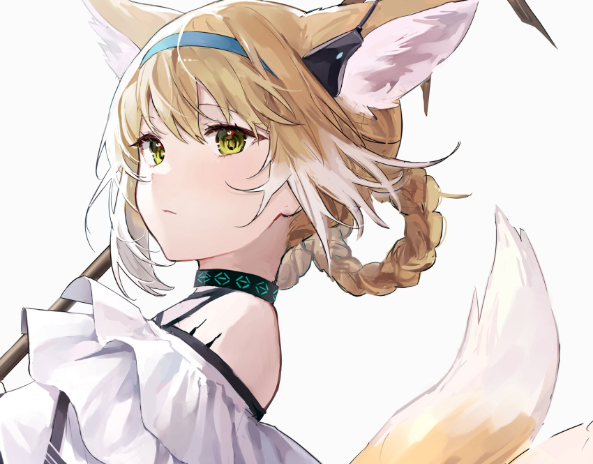 1girl absurdres animal_ears arknights bangs bare_shoulders blonde_hair blue_hoodie braid closed_mouth collar earpiece eyebrows_visible_through_hair fox_ears fox_girl fox_tail from_side green_eyes hair_rings highres hood hoodie infection_monitor_(arknights) layered_clothing looking_at_viewer looking_to_the_side lyas multicolored_hair multiple_tails short_hair simple_background solo staff suzuran_(arknights) tail two-tone_hair upper_body white_background white_hair