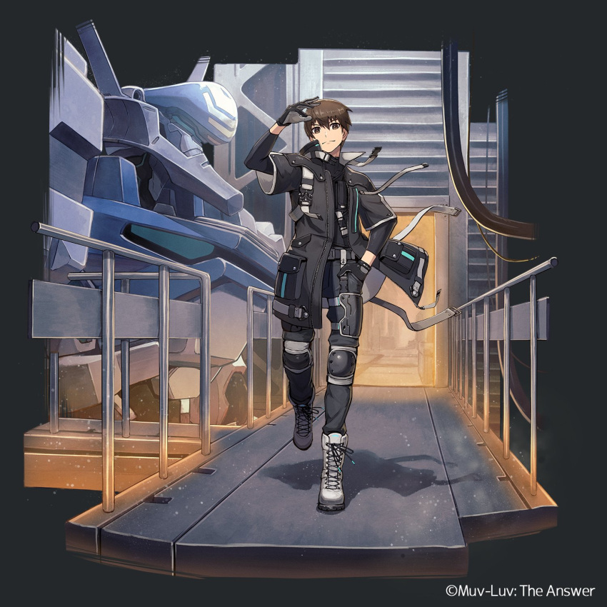 1boy black_gloves black_jacket black_pants black_shirt boots brown_eyes brown_hair gloves grey_footwear hand_in_pocket highres immortals:_muvluv_alternative jacket kuroi_susumu male_focus mecha muvluv muvluv_alternative pants science_fiction shirogane_takeru shirt smile solo tactical_surface_fighter type_94_shiranui visor walking