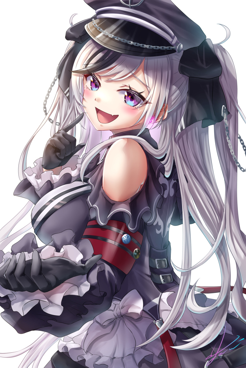 1girl azur_lane bare_shoulders black_dress black_gloves black_hair black_headwear breasts clothing_cutout dress ear_piercing elbe_(azur_lane) fang frilled_dress frills from_side gloves hat highres layered_dress looking_at_viewer looking_to_the_side medium_breasts multicolored_hair open_mouth peaked_cap piercing purple_eyes shoulder_cutout silver_hair simple_background skin_fang solo streaked_hair two-tone_hair white_background yam_(yam6056)