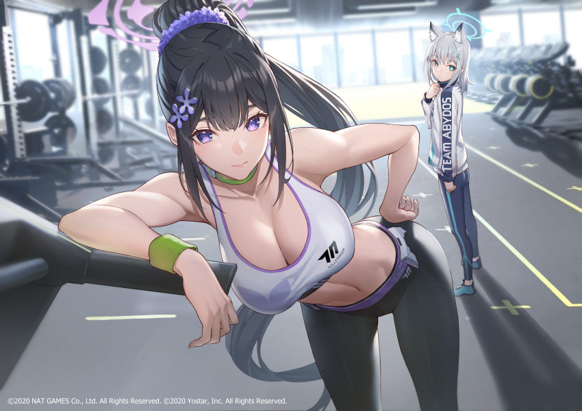 2girls absurdres armpits bare_arms bare_shoulders bent_over black_hair black_pants blue_archive breasts choker cleavage closed_mouth crop_top famepeera green_choker gym hair_ornament hair_scrunchie halo hand_on_hip highres indoors jacket large_breasts long_hair looking_at_viewer midriff multiple_girls navel pants ponytail purple_eyes scrunchie shiroko_(blue_archive) sleeveless sports_bra stomach sumire_(blue_archive) sweatband track_jacket very_long_hair yoga_pants