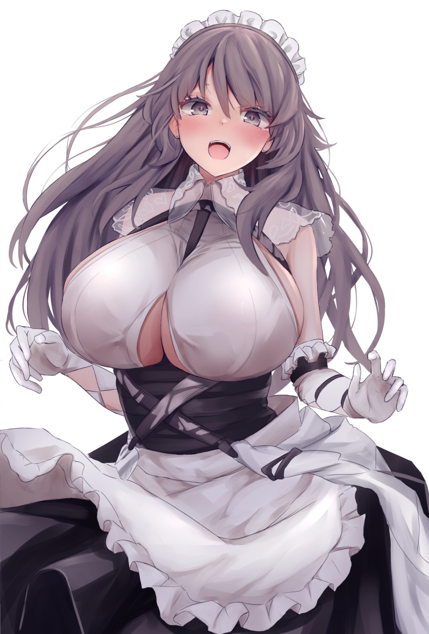 1girl :d apron azur_lane bangs black_skirt blush breasts brown_eyes brown_hair charybdis_(azur_lane) cleavage clothing_cutout commentary duplicate elbow_gloves gloves hair_between_eyes highres huge_breasts long_hair maid maid_apron maid_headdress open_mouth pixel-perfect_duplicate shirt simple_background skirt sleeveless smile solo standing teeth underboob_cutout upper_teeth white_apron white_background white_gloves white_shirt yuuki_shuri