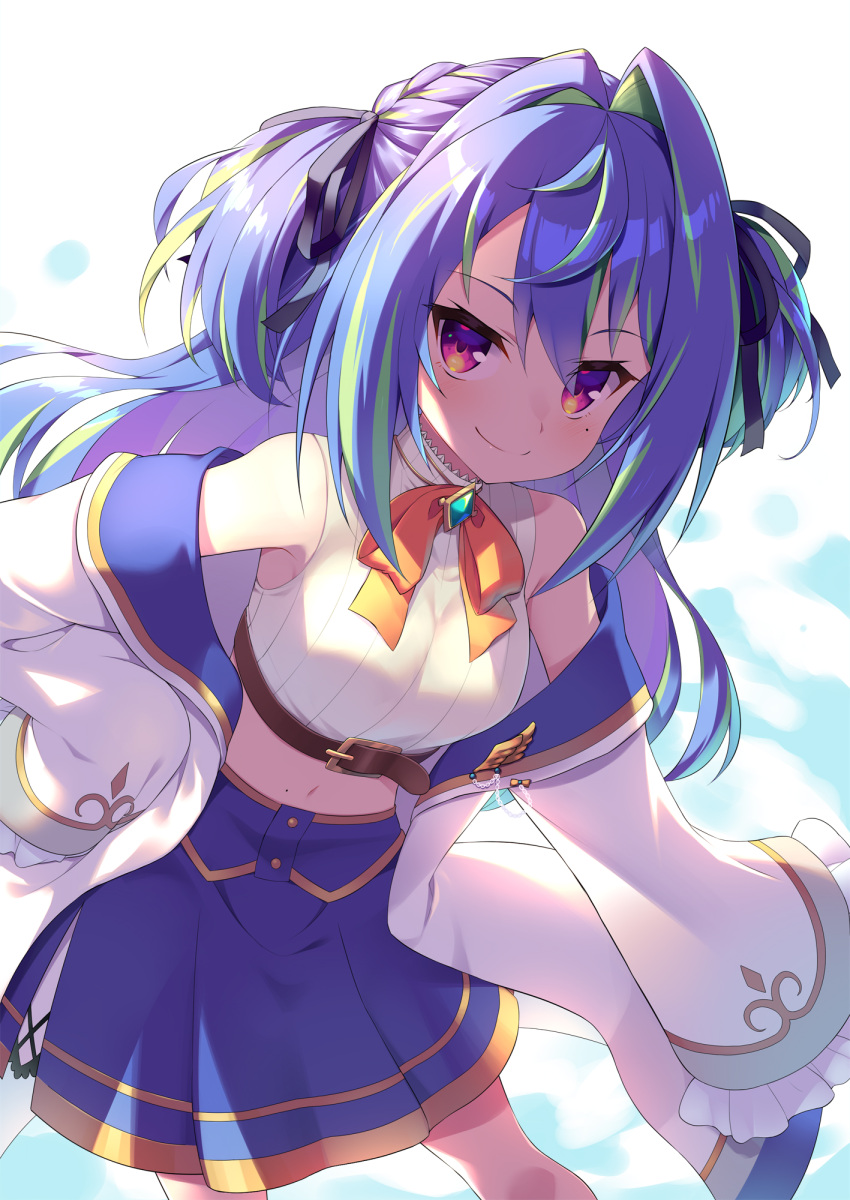 1girl 774_inc. belt black_ribbon blue_hair blue_skirt blush brown_belt closed_mouth green_hair hair_ribbon hand_on_hip highres hiyoku_no_crosspiece hoppege jacket long_sleeves looking_at_viewer midriff mole mole_under_eye multicolored_hair navel red_eyes ribbon skirt smile solo standing suzumi_nemo two-tone_hair white_jacket