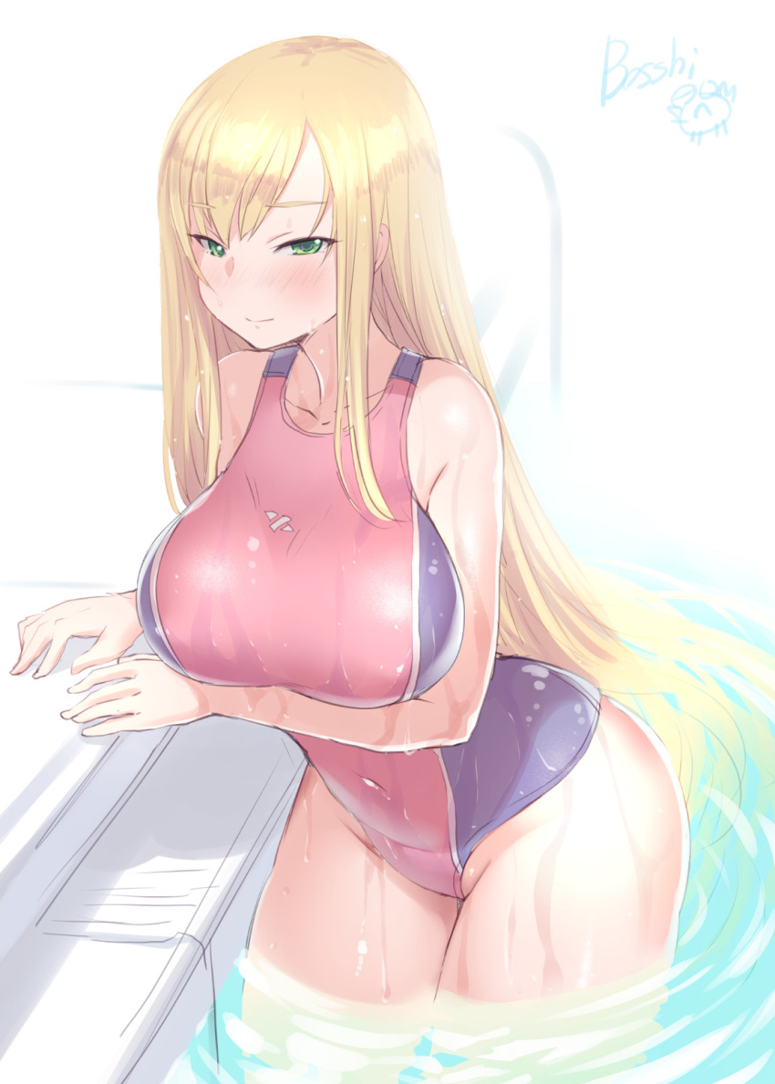 1girl artist_name bangs blonde_hair blush bosshi breasts closed_mouth collarbone covered_navel eyebrows_visible_through_hair green_eyes highres large_breasts long_hair looking_at_viewer ojousama_wa_h_ga_osuki one-piece_swimsuit reira_(ojousama) solo swimsuit wading water